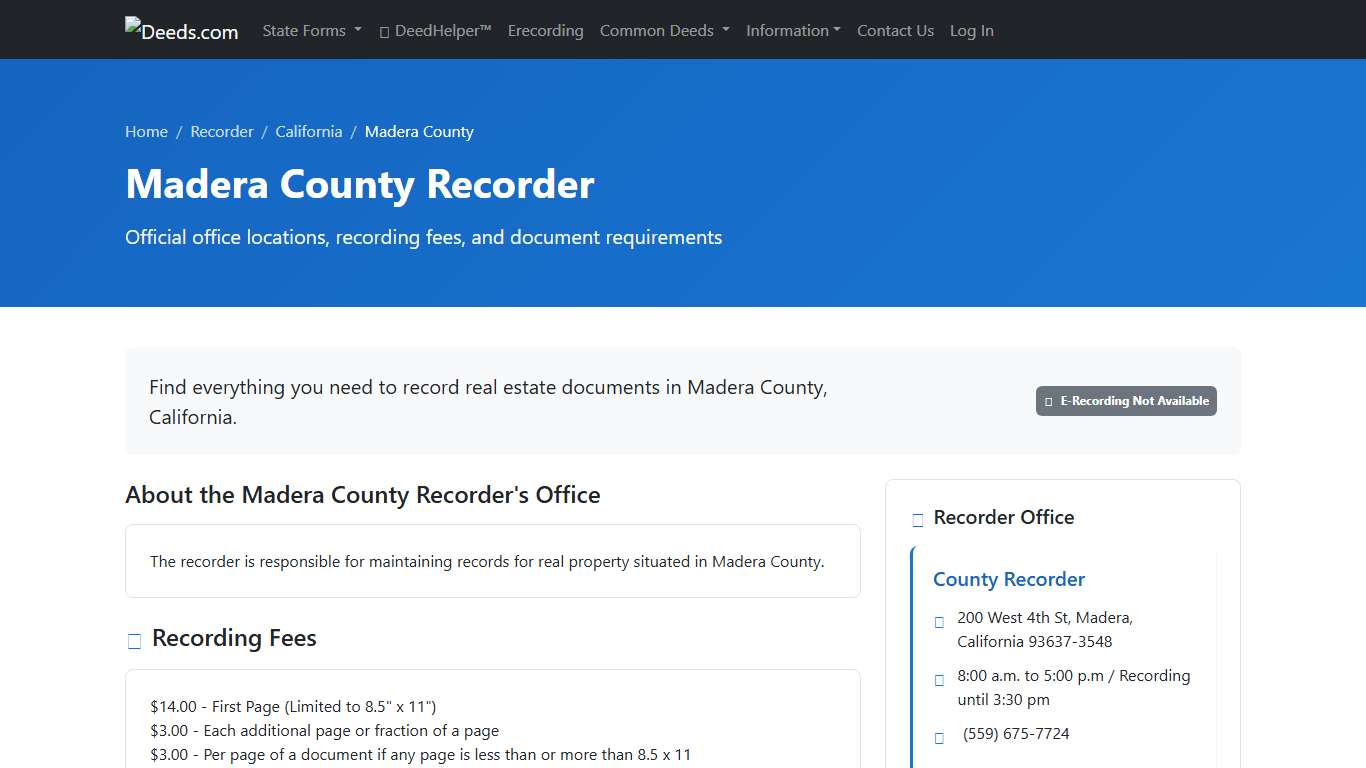 Madera County Recorder Information, California - Deeds.com